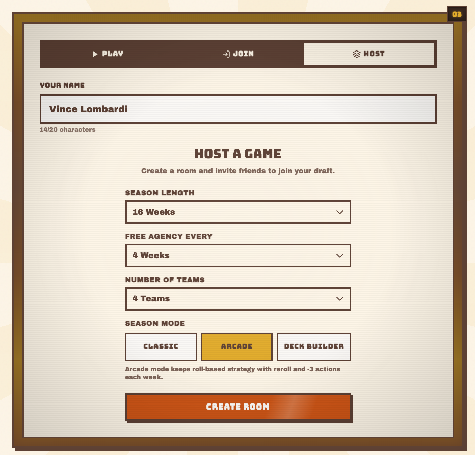 RetroFantasy host game setup screen