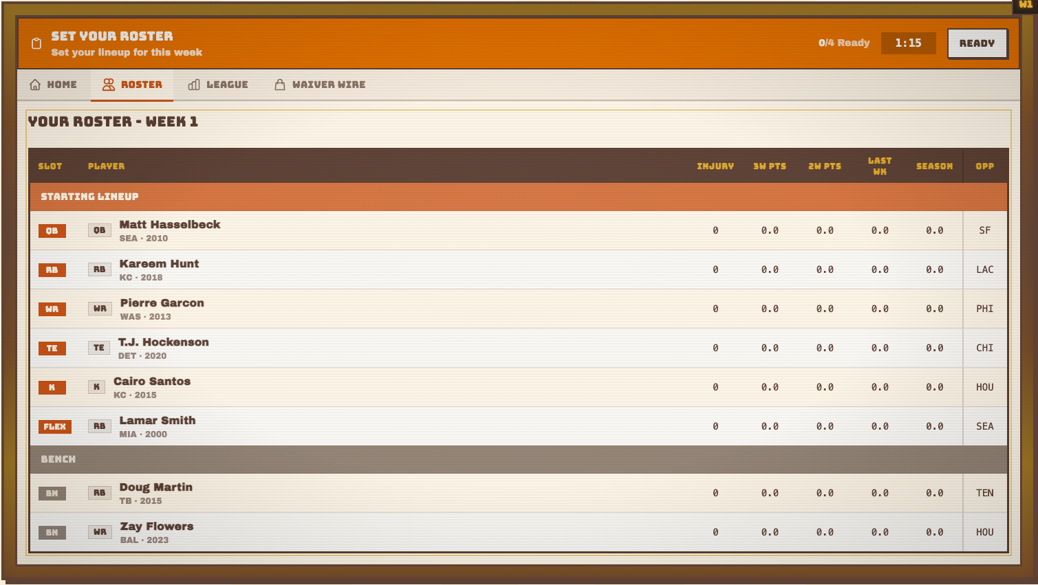 RetroFantasy roster management screen